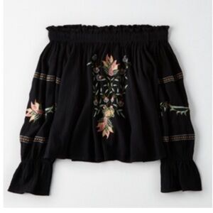 American Eagle Black Floral Off-Shoulder Embroidered Peasant Top